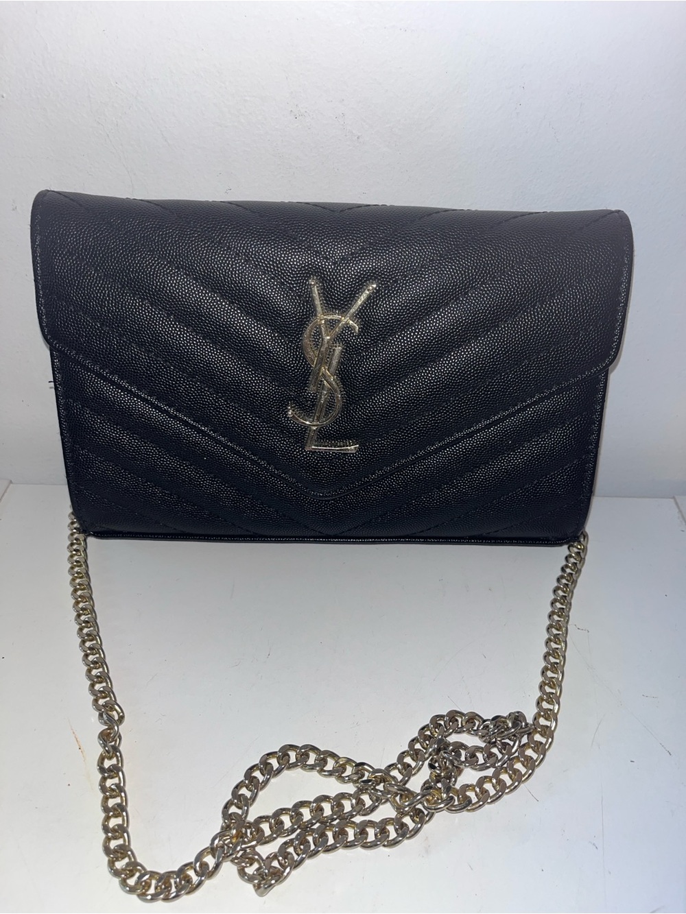 SAINT LAURENT CLASSIC CASSANDRE BLACK QUILTED LEATHER CHAIN CROSSBODY WALLET BAG